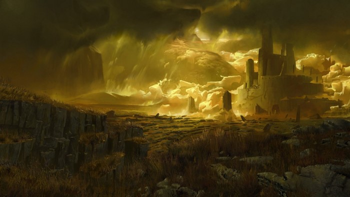 Fantasy art landscape with storm and castle ruins