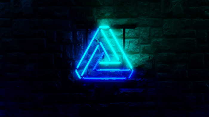 Neon Penrose triangle on brick wall