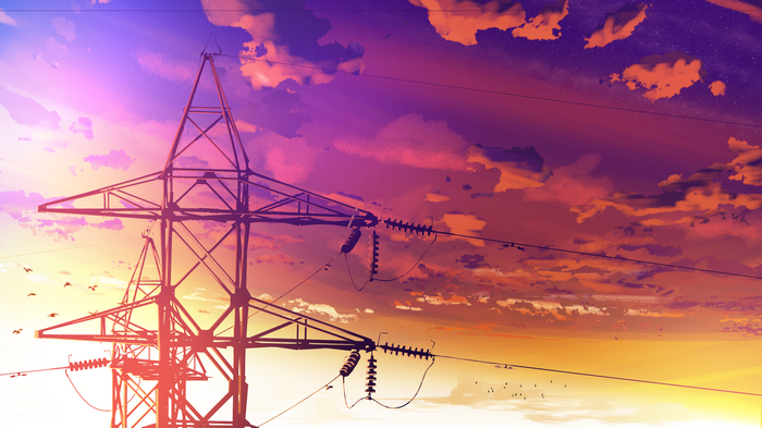 Anime utility pole against a vibrant sunset sky with birds