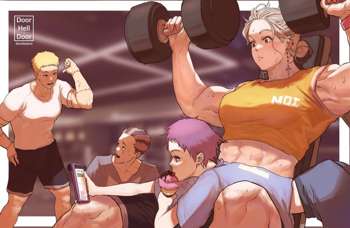 Muscular woman lifting weights with friends in a gym