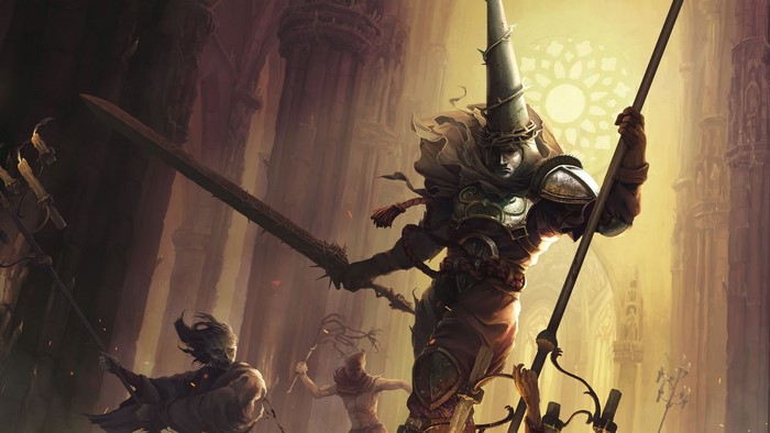 The Penitent One from Blasphemous holding a sword