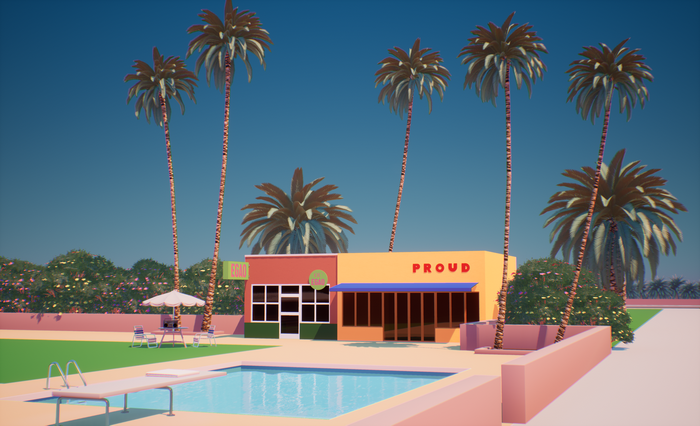 Vaporwave scene with palm trees and swimming pool