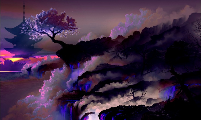 Mystical Night Tree with Pagoda Silhouette
