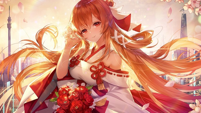 Anime girl with red hair and flowers in kimono