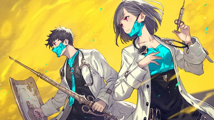 Anime doctors with masks and medical equipment