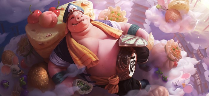 Pig character with food and mice on clouds