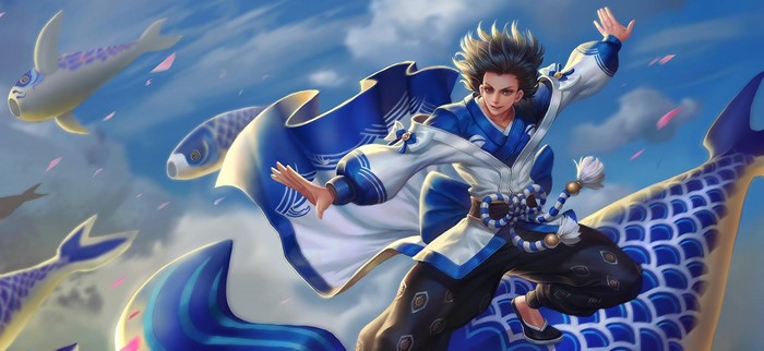 Anime boy with blue and white robes riding a fish