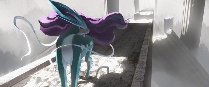 Suicune from Pokémon in a misty ruin