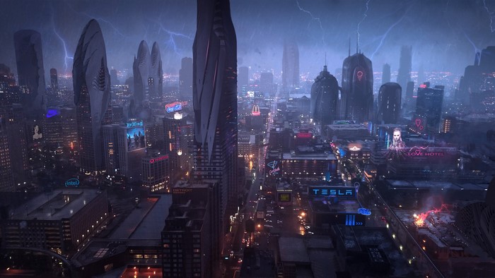 Cyberpunk cityscape with lightning and neon signs