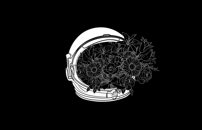 Astronaut helmet filled with flowers drawing