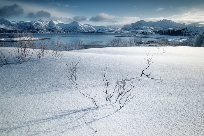 Snowy landscape with mountains and a fjord in Norway