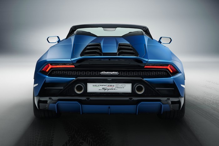 Blue Lamborghini Huracan EVO Spyder rear view