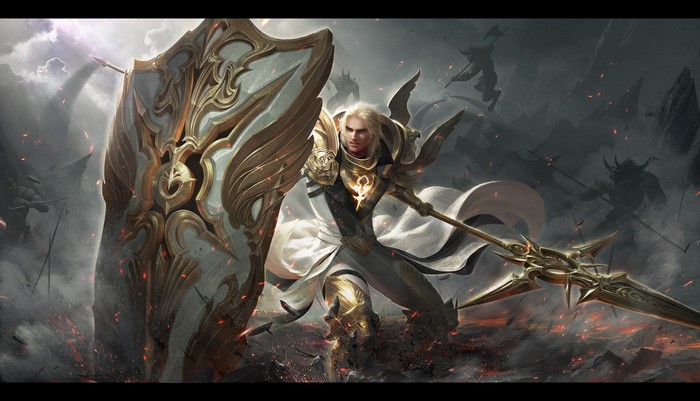 Warrior with shield and lance in battle