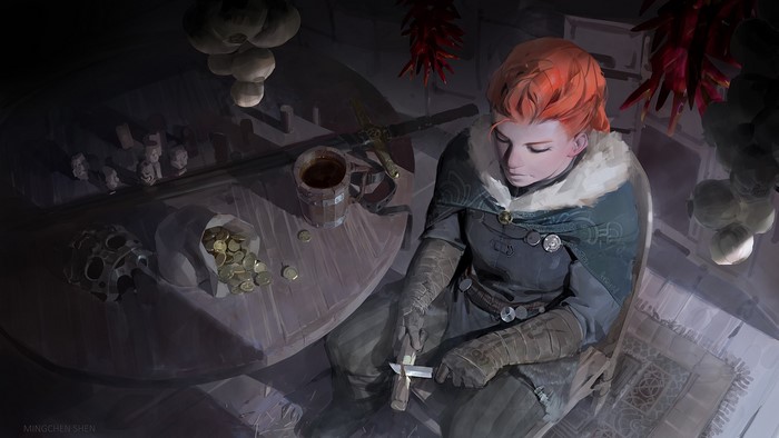 Redhead adventurer with coins and sword