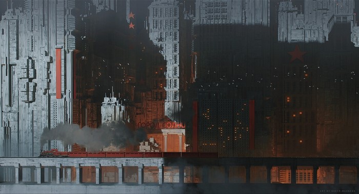 Cyberpunk city with steam train and Cyrillic sign