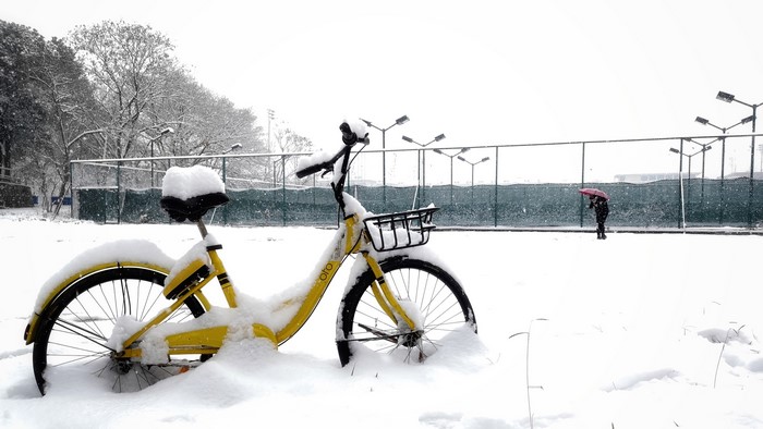 Yellow bicycle covered in snow at Huazhong Agricultural University