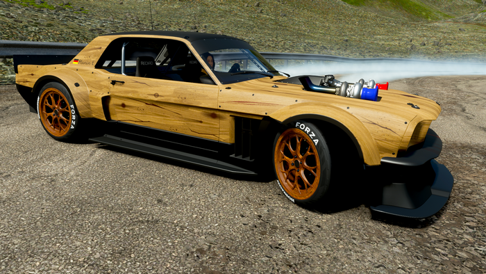 Custom wood-wrapped Hoonigan car drifting in Forza Horizon 4