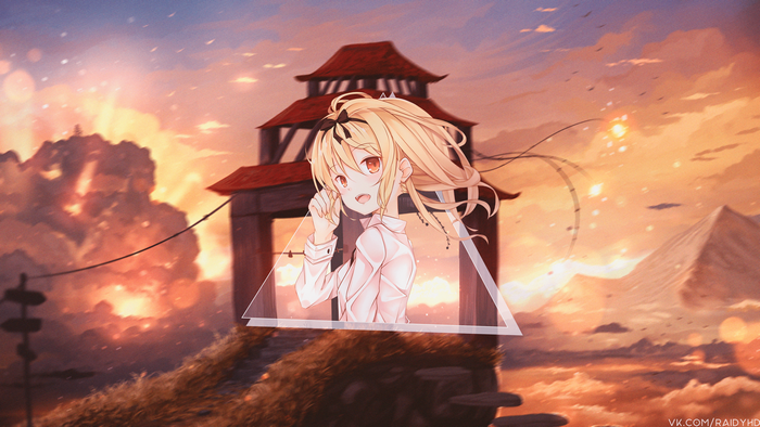Anime girl with red eyes from Arifureta at sunset