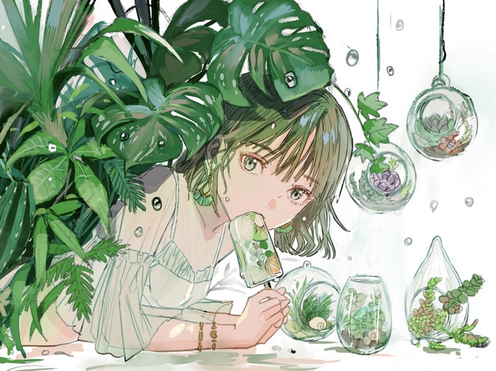 Anime girl with ice cream surrounded by plants