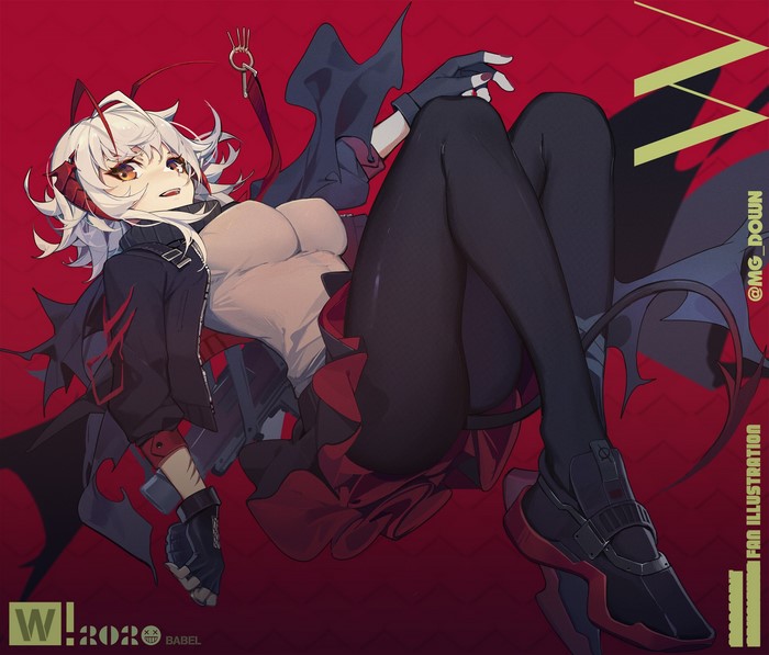 Arknights fan illustration of a character with white hair and horns