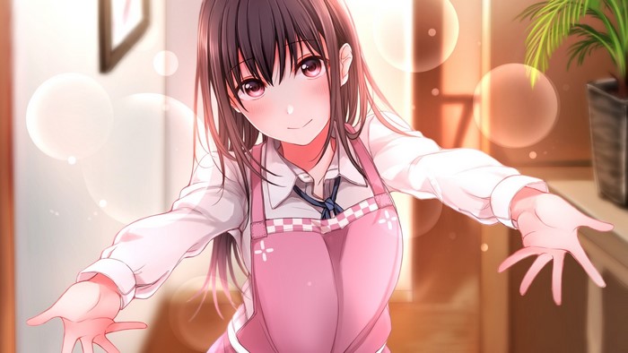 Anime girl in apron with arms outstretched
