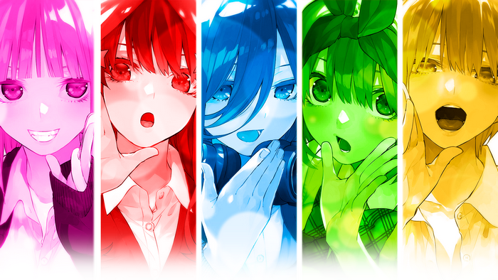 The Quintessential Quintuplets girls in colorful panels