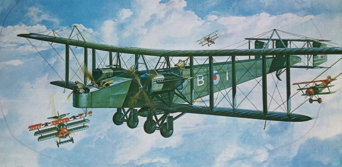 Handley Page Type O bomber in aerial combat with triplanes