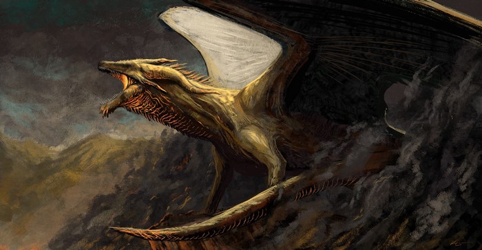 A golden dragon roars amidst smoke and mountains