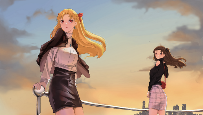 Two anime girls at sunset