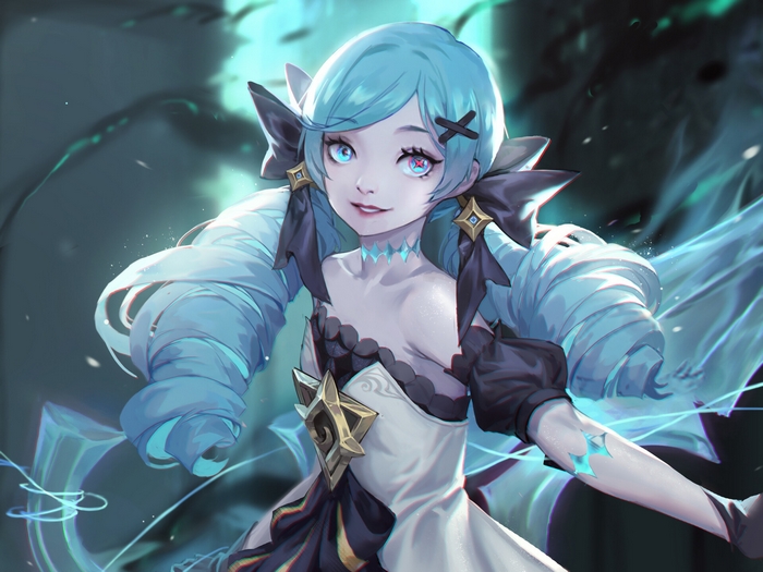 Gwen from League of Legends with blue hair and eyes