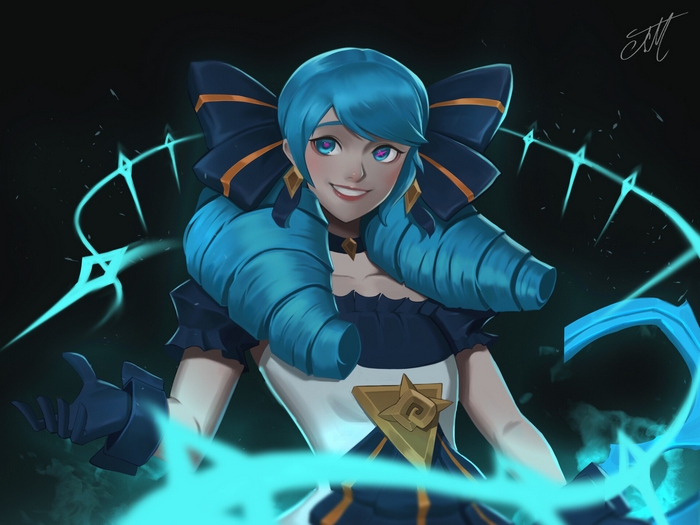 Gwen from League of Legends with blue hair and eyes