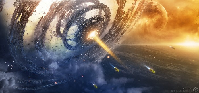 Sci-fi space vortex with ships and planet