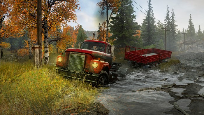 Red truck and trailer in mud and water, Snowrunner