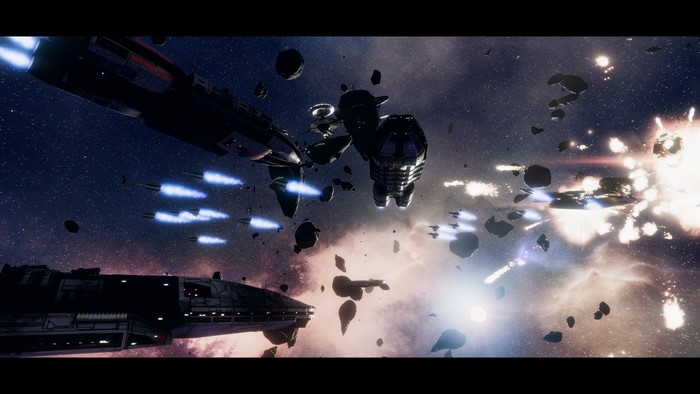 Space battle with Battlestar Galactica ships and Cylons