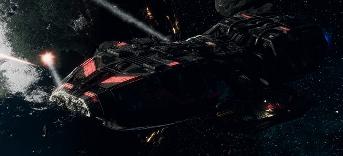 Battlestar Galactica spaceship in space battle