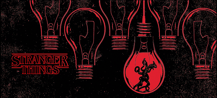 Stranger Things logo with Demogorgon in light bulb