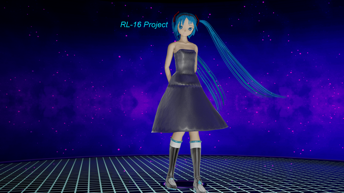 Hatsune Miku in a dark dress with blue hair