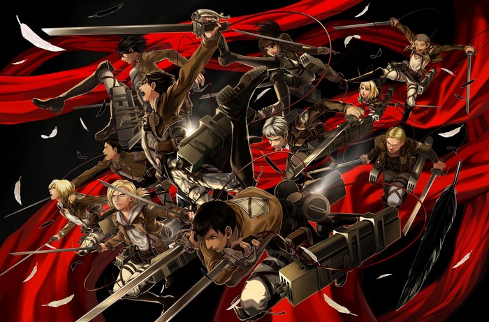 Attack on Titan characters with ODM gear and swords