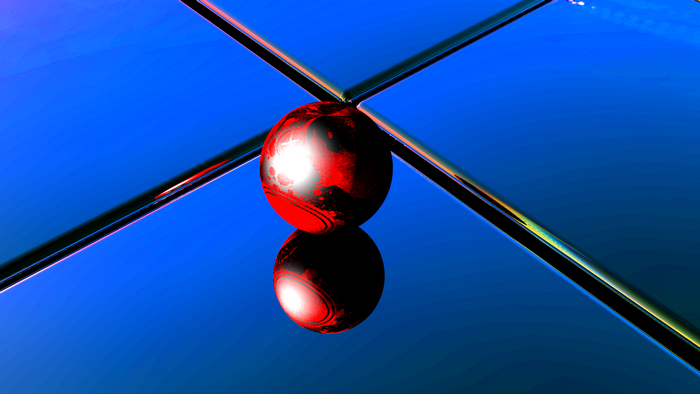 Red and Black Sphere on Blue Reflective Surface