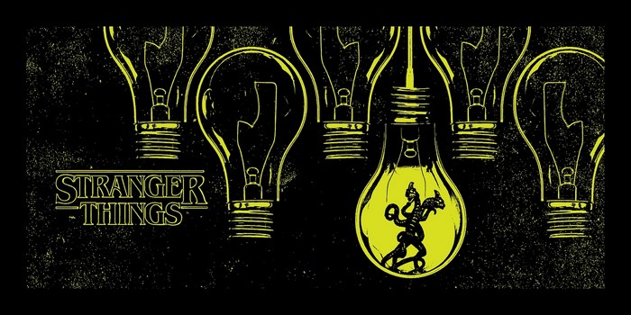 Stranger Things logo with Demogorgon in a lightbulb