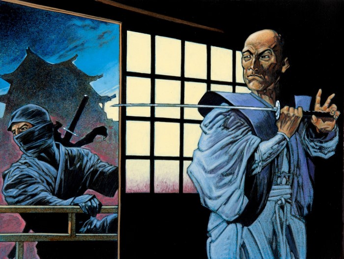 Samurai with sword confronts ninja in painting