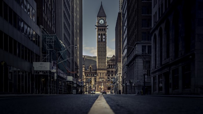 4K City Street with Clock Tower