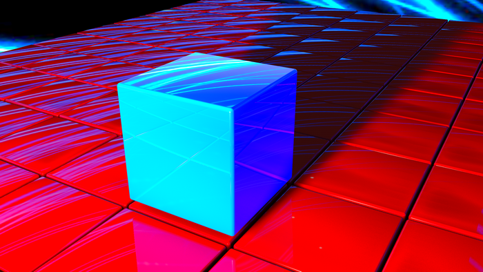 Blue cube on a red tiled surface with blue light