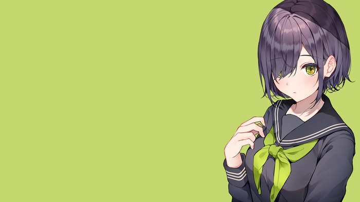 Anime girl with short dark hair and green eyes in school uniform