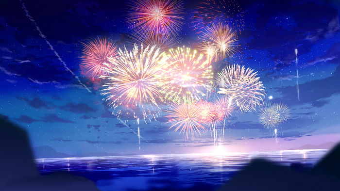 Colorful Fireworks Over the Sea at Night