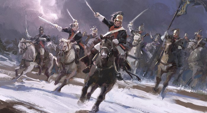Artwork of cavalry charging through snow