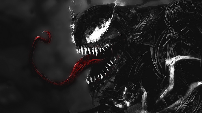 Venom with red tongue and sharp teeth