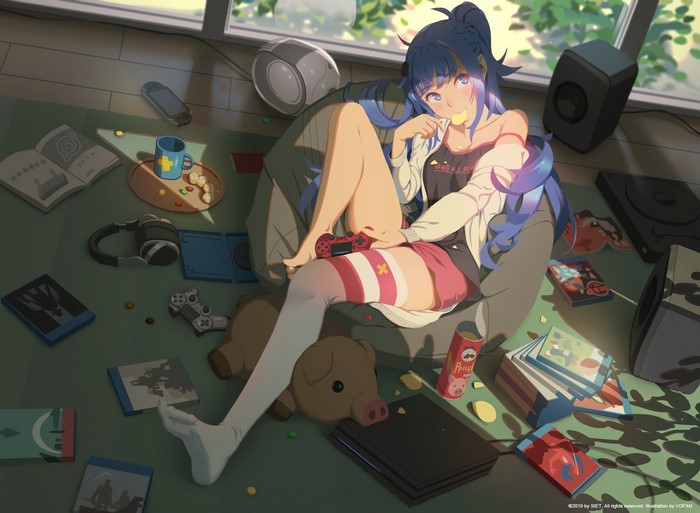 Anime girl with blue hair playing video games