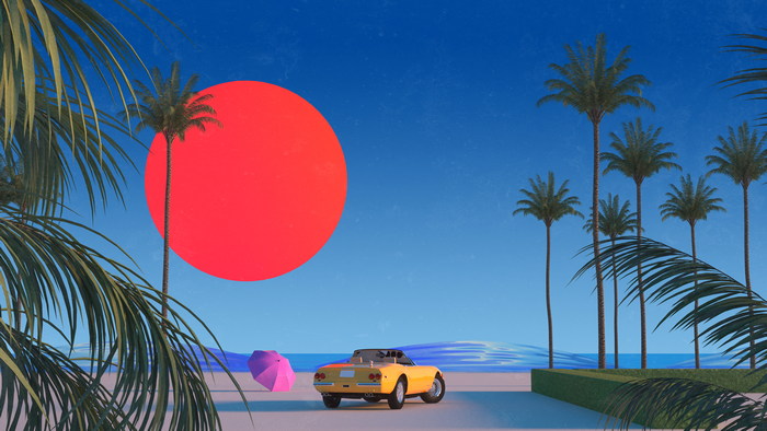 Yellow Ferrari convertible on a beach with palm trees and red sun