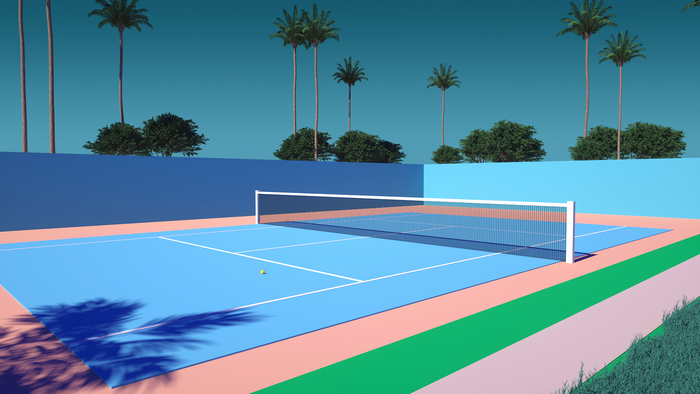 Tennis court with palm trees and cyan sky